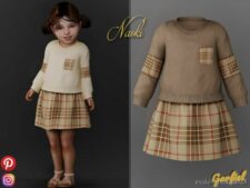 Sims 4 Dress Clothes Mod: Naoki – Patched Plaid Panel Sweatshirt & Skirt (Image #2)