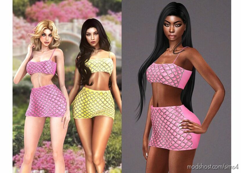 Sims 4 Adult Mod: Rhinestone-Embellished Crop TOP & Mini Skirt - Clothes SET280 (Featured)