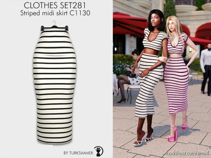 Sims 4 Female Clothes Mod: Striped T-Shirt & Midi Skirt SET281 (Featured)