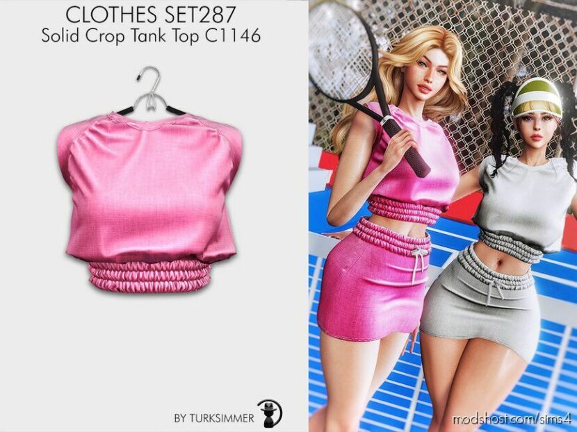 Sims 4 Adult Clothes Mod: Solid Crop Tank TOP & Drawstring Waist Skirt - SET287 (Featured)