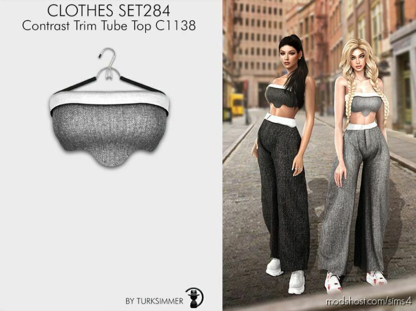 Sims 4 Teen Clothes Mod: Contrast Trim Tube TOP & Wide LEG Pants SET284 (Featured)