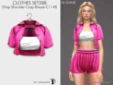 Sims 4 Adult Clothes Mod: Drop Shoulder Crop Blouse & Paperbag Waist Shorts SET288 (Image #2)