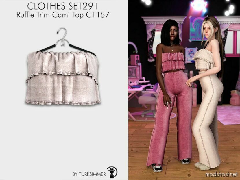 Sims 4 Everyday Clothes Mod: Ruffle Trim Cami TOP & LEG Pants – SET291 (Featured)