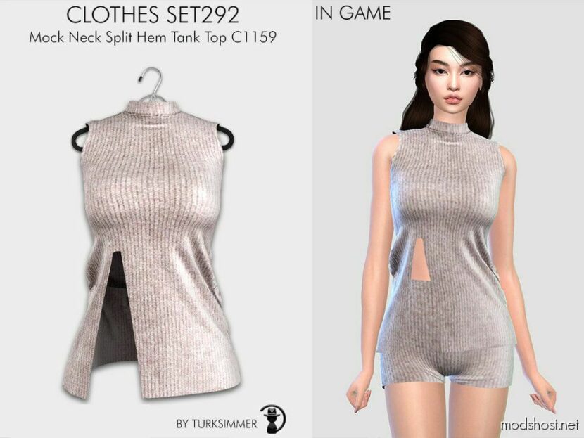 Sims 4 Teen Clothes Mod: Mock Neck Split HEM Tank TOP & Biker Shorts – SET292 (Featured)