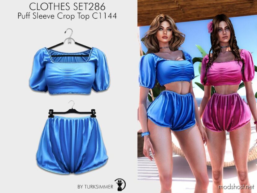 Sims 4 Female Clothes Mod: Puff Sleeve Crop TOP & Mini Shorts – SET286 (Featured)