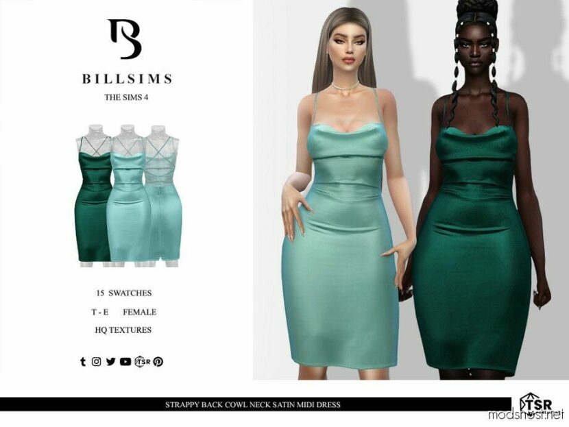 Sims 4 Teen Clothes Mod: Strappy Back Cowl Neck Satin Midi Dress (Featured)