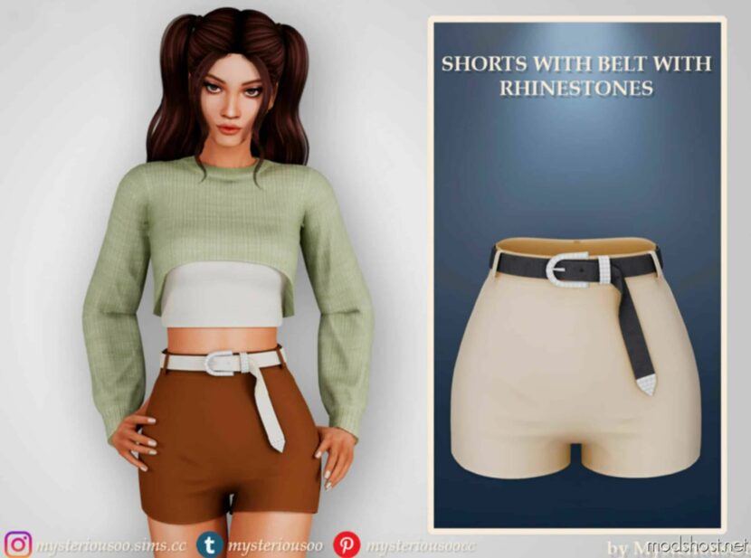 Sims 4 Bottoms Clothes Mod: Shorts With Belt With Rhinestones (Featured)