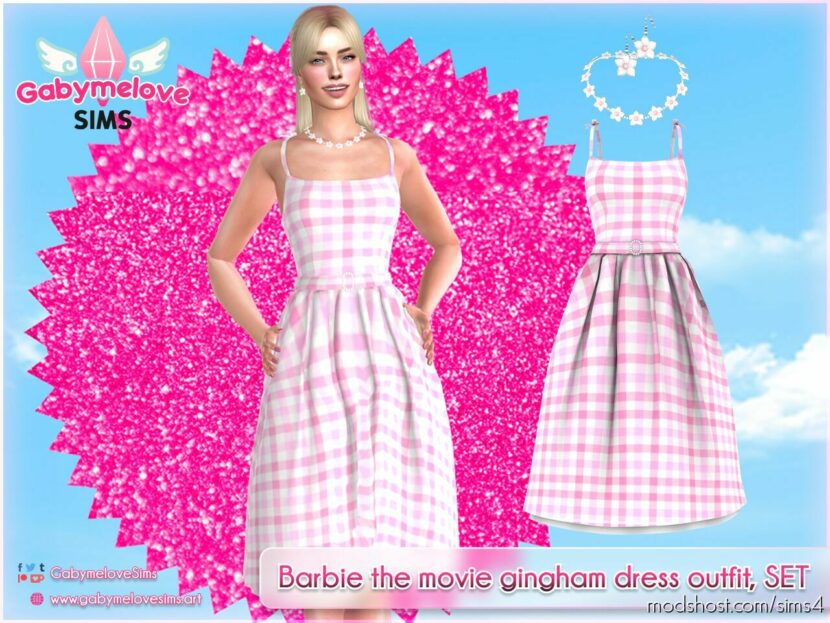 Sims 4 Clothes Mod: Barbie the movie gingham dress outfit, SET (Featured)