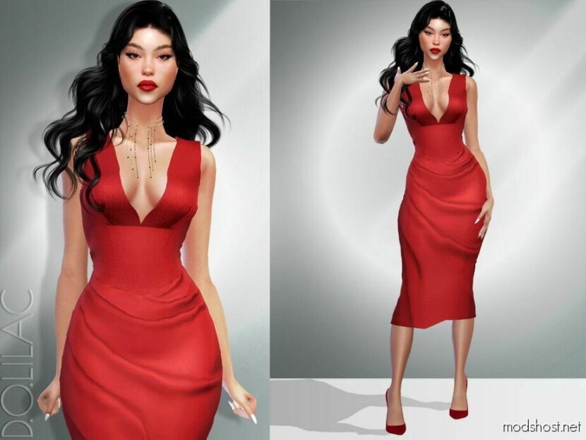 Sims 4 Party Clothes Mod: Draped Satin Midi Dress DO02 (Featured)