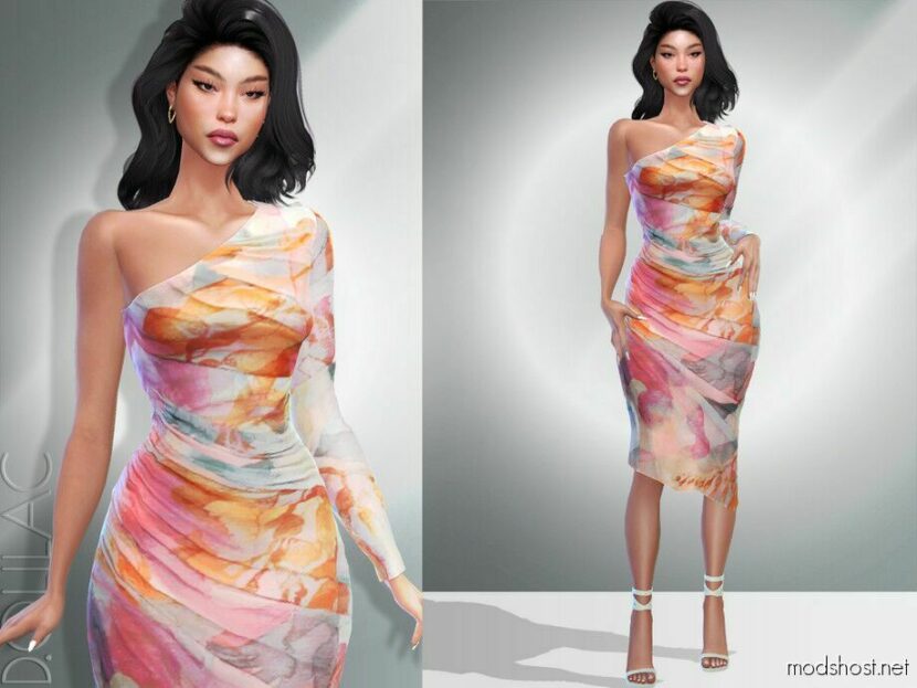 Sims 4 Elder Clothes Mod: Ruched Asymmetric Dress DO06 (Featured)