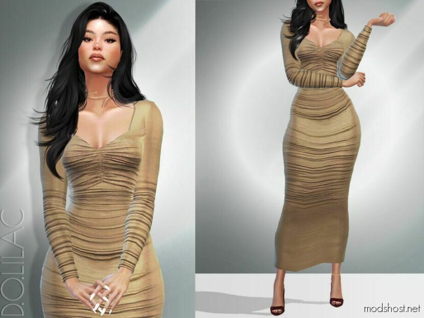 Sims 4 Dress Clothes Mod: Ruched Stretch Long Dress DO034 (Featured)