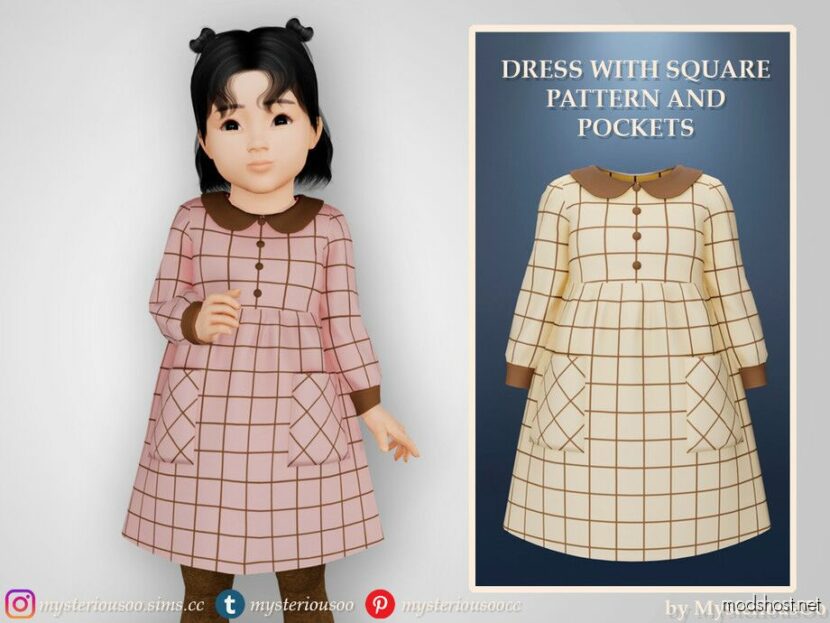 Sims 4 Kid Clothes Mod: Dress With Square Pattern And Pockets (Featured)