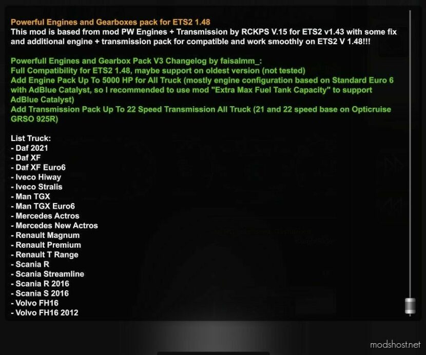 ETS2 Transmissions Part Mod: Engine + Transmission Pack V148 (Engine 5000HP + Gearbox 22 Shifter) 1.48 (Featured)