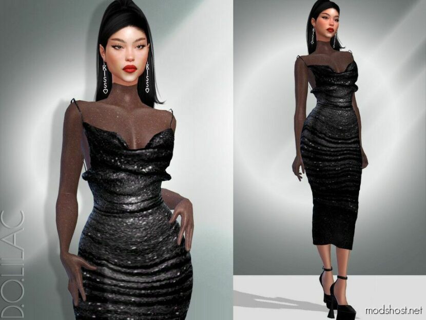 Sims 4 Adult Clothes Mod: Ruched Midi Dress With Transparent Sleeve DO061 (Featured)