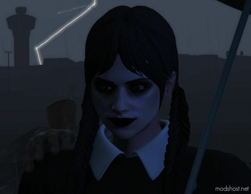 GTA 5 Player Mod: Wednesday Addams Costume With Props (Featured)