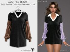 Sims 4 Everyday Clothes Mod: Drop Shoulder Color Block TEE & Plaid Print Dress - SET311 (Image #2)