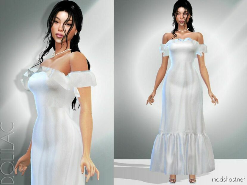 Sims 4 Dress Clothes Mod: Ruffled OFF The Shoulder Maxi Dress DO055 (Featured)