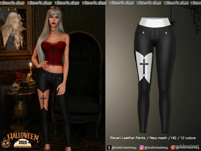 Sims 4 Bottoms Clothes Mod: Halloween 2023 – Raven Leather Pants (Featured)