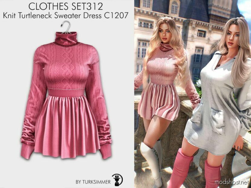 Sims 4 Teen Clothes Mod: Knit Turtleneck Sweater Dress C1207 (Featured)