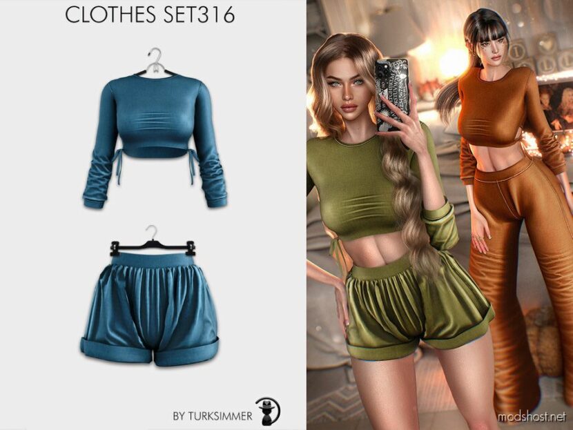 Sims 4 Teen Clothes Mod: TIE Side Crop TOP & Mini Shorts + Flare Leg Trousers SET316 (Featured)