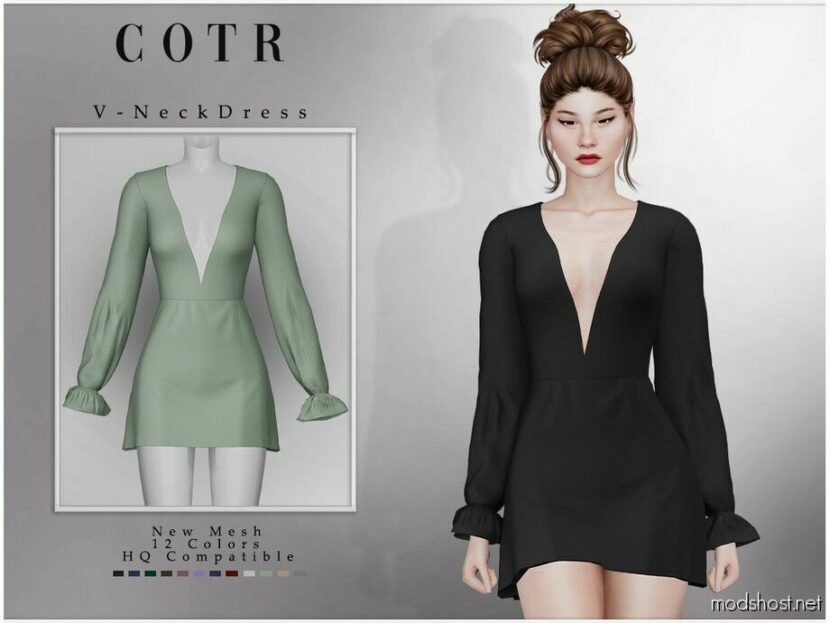 Sims 4 Dress Clothes Mod: V-Neck Dress D-285 (Featured)