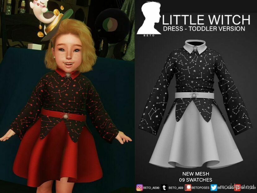 Sims 4 Dress Clothes Mod: Little Witch (Dress – Toddler Version) (Featured)