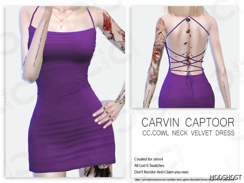 Sims 4 Adult Clothes Mod: CC.Cowl Neck Velvet Dress (Featured)