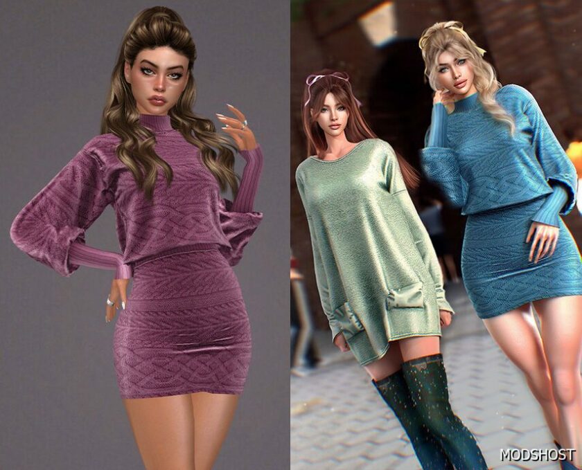 Sims 4 Teen Clothes Mod: Dual Pocket Teddy & Batwing Sleeve Sweater Dress SET328 (Featured)