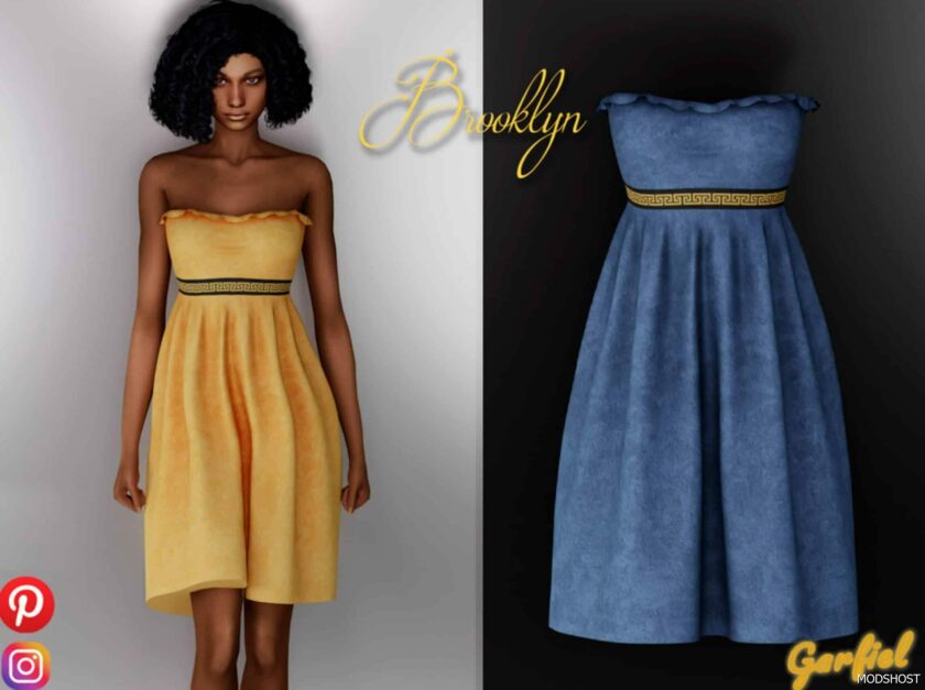 Sims 4 Female Clothes Mod: Brooklyn – Corduroy Dress with Patterned Waistband (Featured)