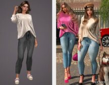 Sims 4 Teen Clothing Mod: Asymmetric HEM Shirt & Denim Jeans SET338 (Featured)