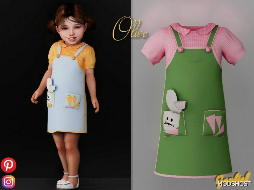 Sims 4 Dress Clothes Mod: Olive – Cute Checkered Outfit with A Bunny (Featured)