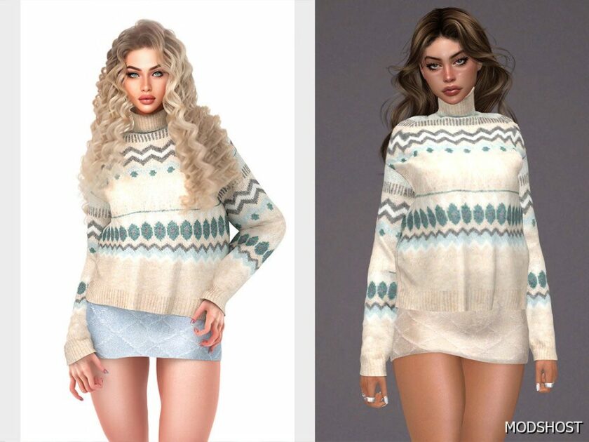 Sims 4 Female Clothes Mod: Jacquard Knitted Wool Blend Sweater & Sparkle Denim Skirt – SET348 (Featured)