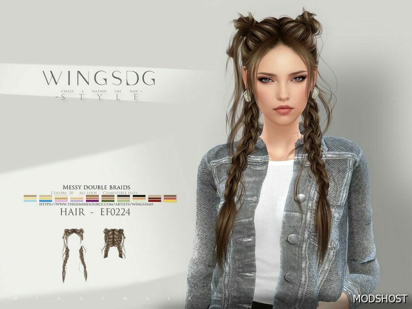 Sims 4 Female Hair Mod: Wings Ef0224 Messy Double Braids (Featured)