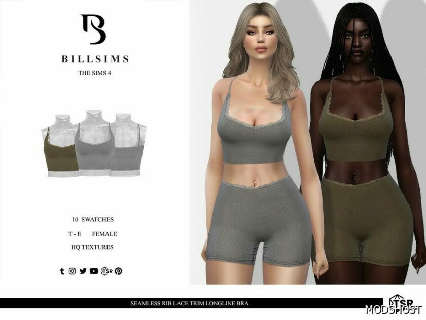 Sims 4 Sleepwear Clothes Mod: Seamless RIB Lace Trim Longline BRA & Shorts (Featured)