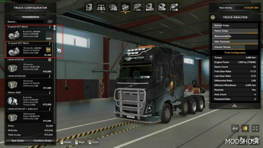 ETS2 Volvo Part Mod: 1000 HP + & 6/12 Speed Transmissions for Volvo Trucks 1.49 (Featured)