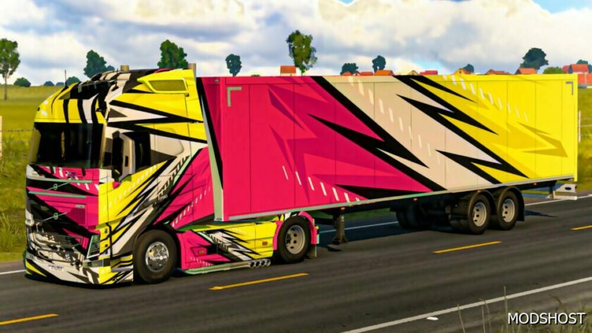 ETS2 Volvo Skin Mod: Yellow & Pink Truck Trailer 1.49 (Featured)