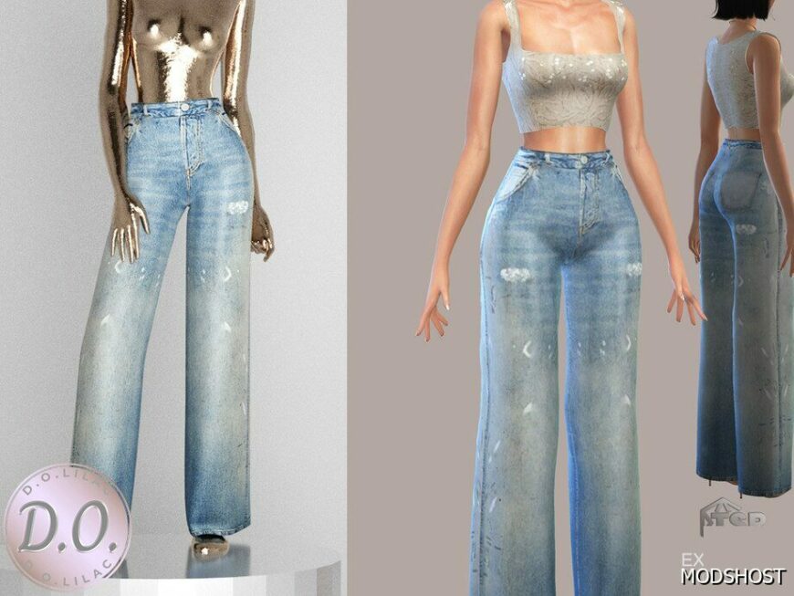 Sims 4 Elder Clothes Mod: Distressed Wide LEG Jeans DO0328 (Featured)