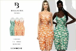 Sims 4 Elder Clothes Mod: Floral Print Satin Midi Dress (Featured)