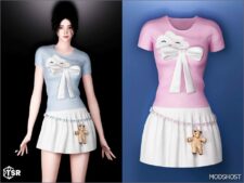 Sims 4 Dress Clothes Mod: Selena – Cute Outfit with A BOW and A Bear on A Chain of Hearts (Image #2)