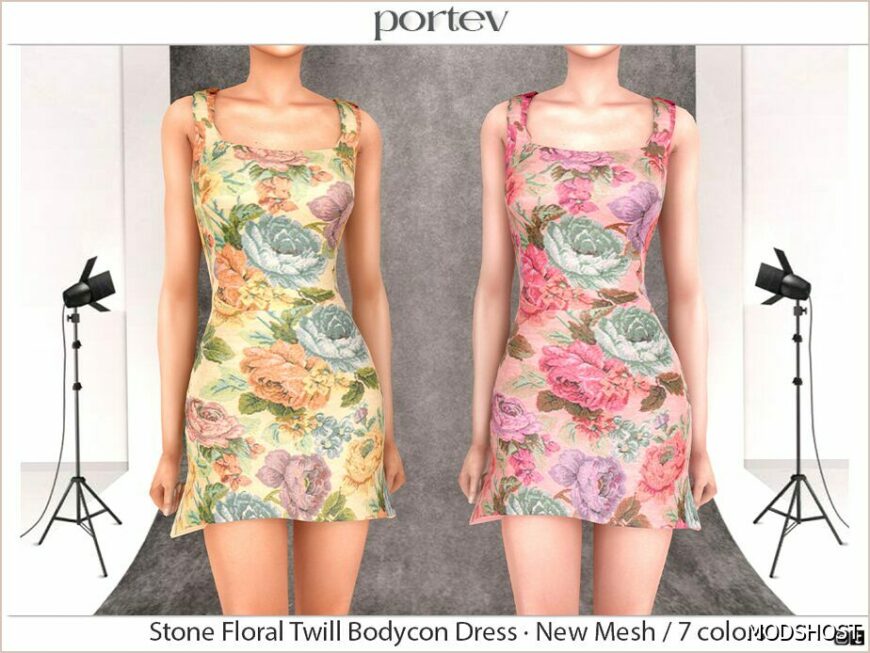 Sims 4 Elder Clothes Mod: Stone Floral Twill Bodycon Dress (Featured)