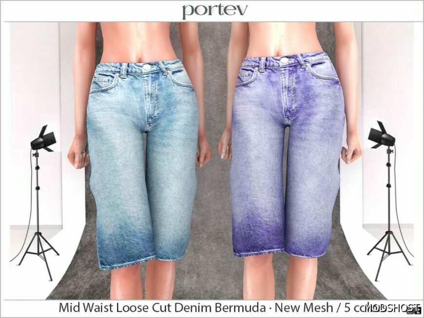 Sims 4 Bottoms Clothes Mod: MID Waist Loose CUT Denim Bermuda (Featured)