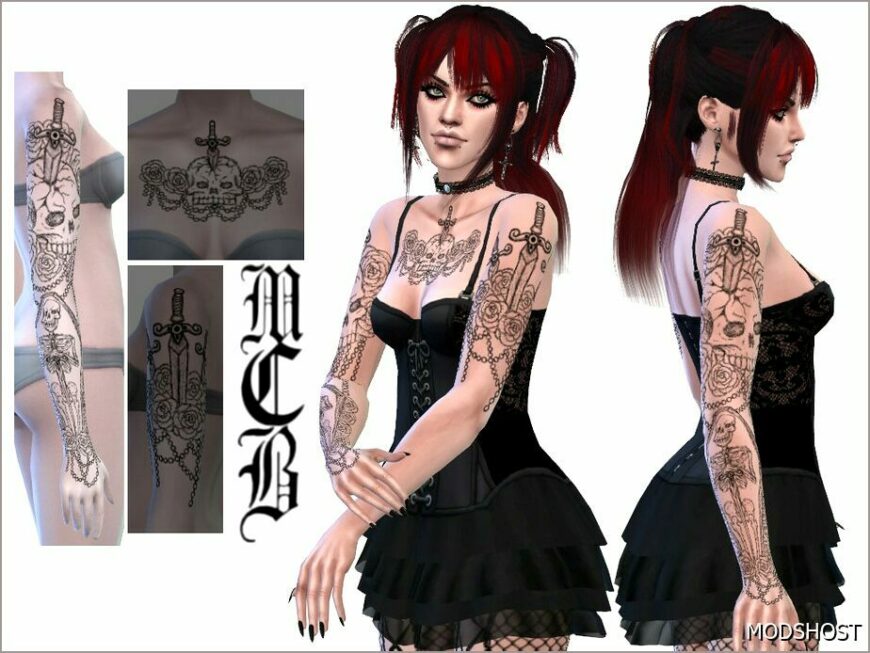 Sims 4 Mod: Roses and Death Tattoo Sleeve (Right ARM) (Featured)