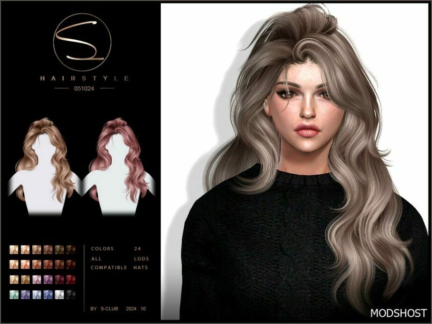 Sims 4 Female Mod: Long Wavy Hairstyle 051024 by S-Club (Featured)