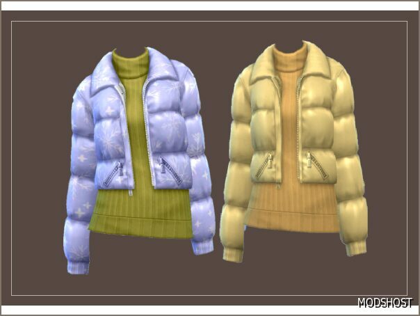 Sims 4 Female Clothes Mod: Snowflake and Solid Bubble Puff Jacket by Ecstatic_Payne79 (Featured)