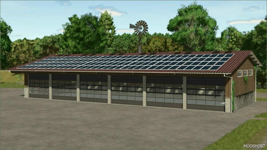 FS25 Mod: 6 BAY Wooden Shed with Solar Panels (Featured)