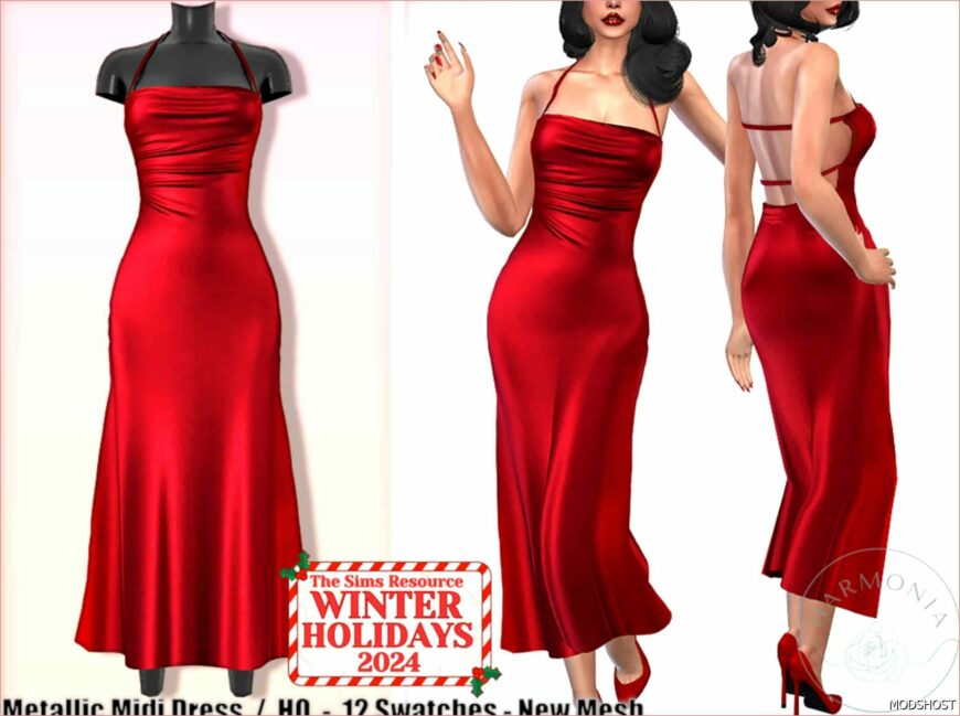 Sims 4 Dress Clothing Mod: Winter Holidays 2024 – Metallic Midi Dress (Featured)