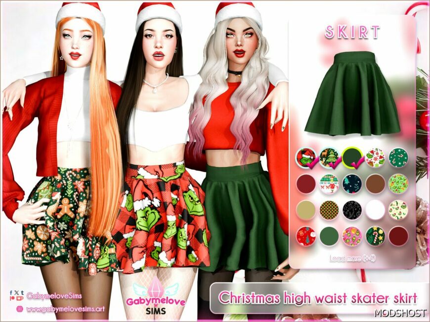 Sims 4 Elder Clothing Mod: Christmas high waist skater skirt | (The Grinch prints included) (Featured)